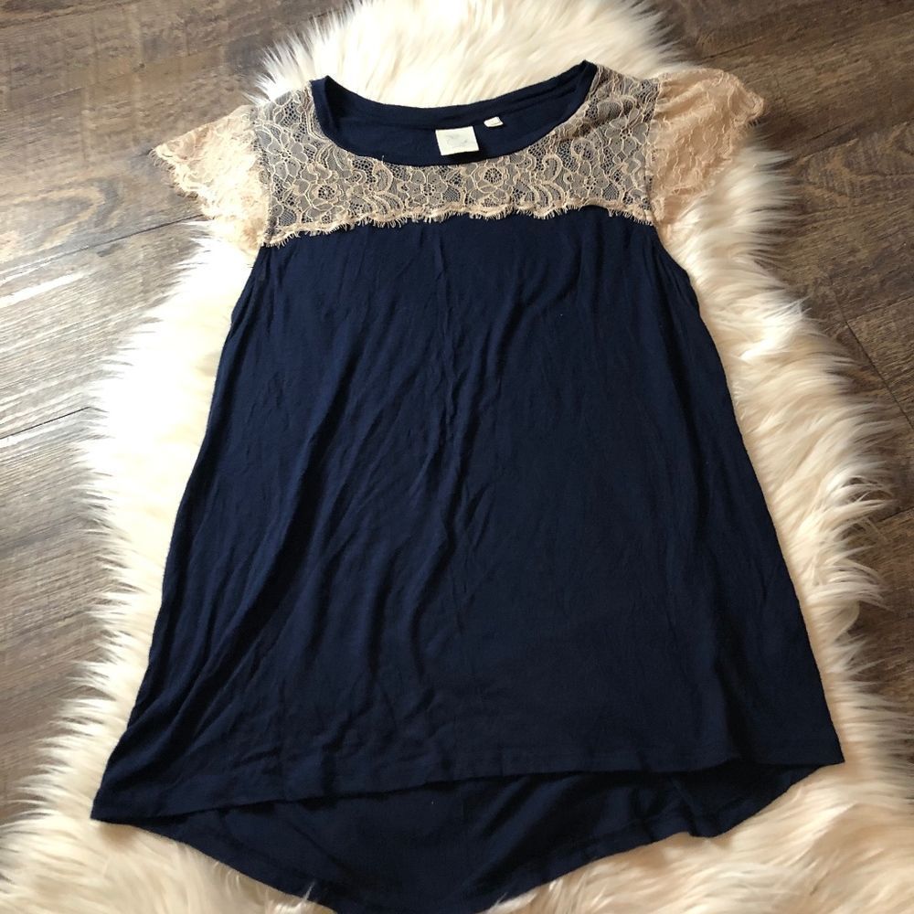 Anthropologie Navy Blue Top with Beige Lace Yoke
